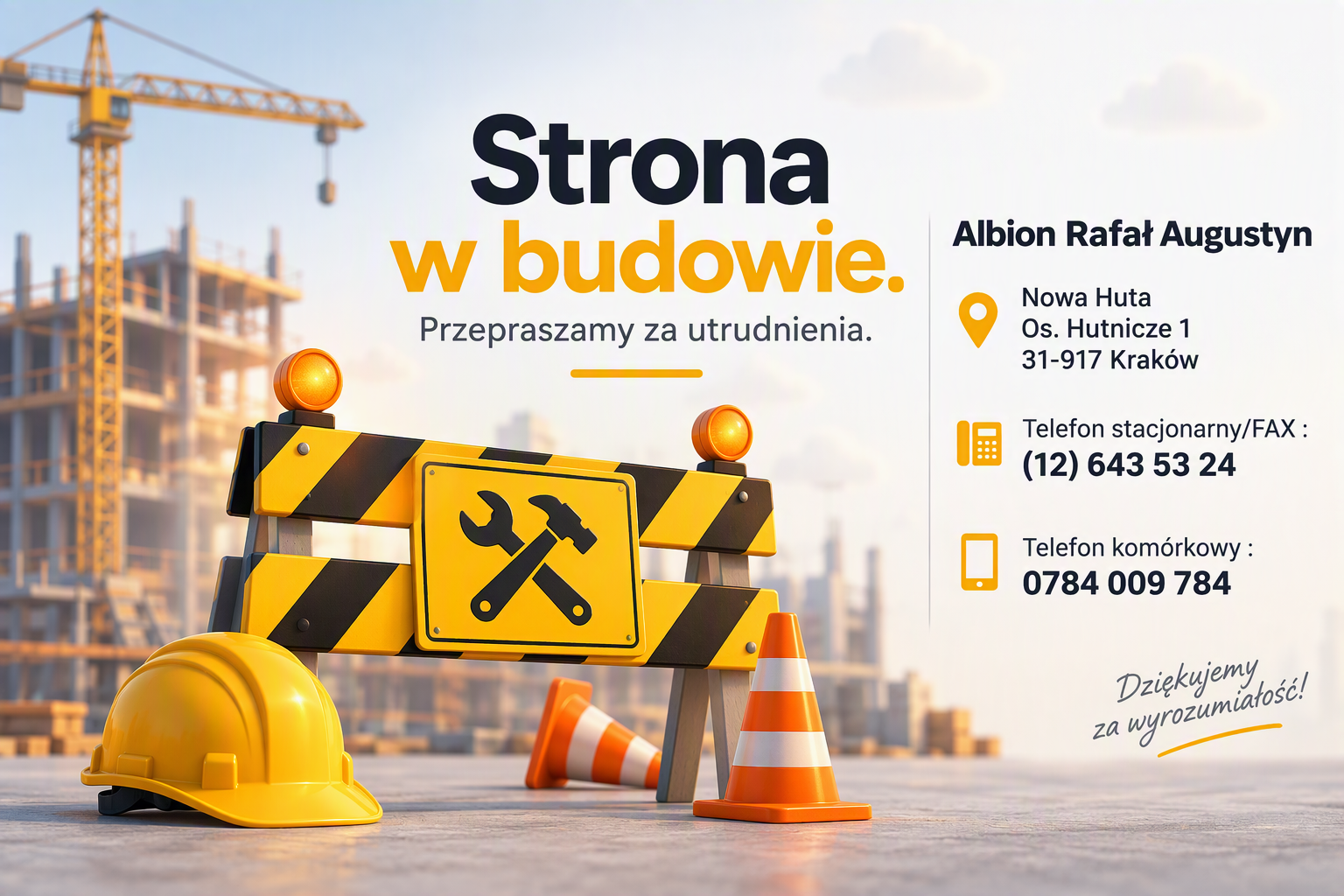 Strona w budowie. Albion Rafał Augustyn, Nowa Huta, Osiedle Hutnicze 1, 31-917 Kraków. Telefon stacjonarny i faks: 12 643 53 24. Telefon komórkowy: 0784 009 784.